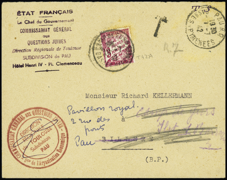 Lettre non affranchie avec CAD de Pau RP (juillet 1942) + griffe violette et cachet lilas "Commissariat général aux questions juives - direction générale de Toulouse - subdivision Pau - Sce de l'aryanisation économique"