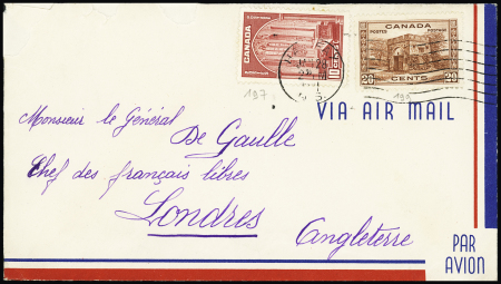 Canada n°197 + 199 OBL Halifax (1941) sur lettre par avion pour le gén. De Gaulle. TB