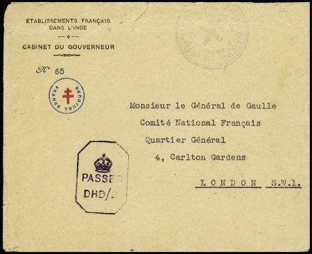 Inde anglaise n°144, bloc de 7 OBL CAD "Pondicherry" (1942) au verso d'une lettre avec au recto petit cachet bleu et rouge à croix de Lorraine "France toujours" adressée au général de Gaulle. Rare et TB