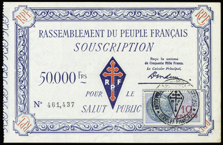 4 billets de soutien au RPF de 1000F, 5000F, 10 000F et 50 000F. TB