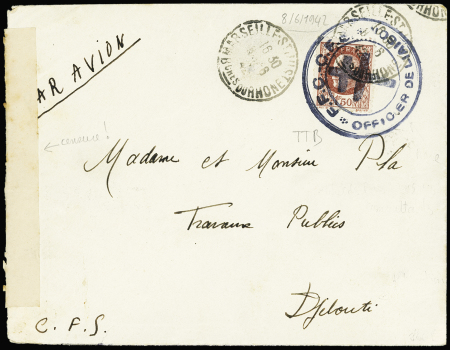 N°517 OBL Marseille (8.6.42) sur lettre par avion pour Djibouti avec timbre recouvert par cachet noir à croix de Lorraine "FFC CFS officier de liaison" (avion Glenn Martin 167 France-Djibouti capturé par les anglais en E
