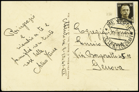 Italie n°230 OBL grand CAD "Mentone poste e telegrafi" (1941) sur carte postale. Rare et TB