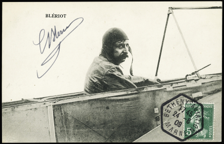 N°137 OBL hex "Betheny-aviation Marne" (24.8.1909) sur carte postale avec signature autographe de Blériot le plus célèbre des pionniers français de l'aviation, n°1 du répertoire de l'Aéro-club de France. TB