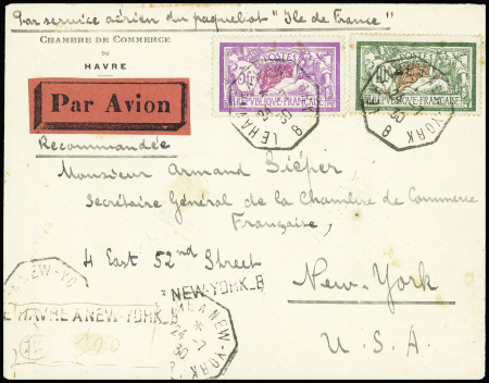 N°207 + 240 OBL octogonale "Le Havre a New-York B" (24.7.30) sur lettre catapultée du paquebot Ile de France pour New-York. TB