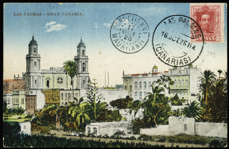 16.10.1926 Las Palmas Port Etienne par Bernard et Bougault. Carte postale avec même griffe encadrée que lots précédents et griffe bleue "Aviso La Suippe commandé par M.Vassal capitaine de corvette" (Muller Canaries n°1