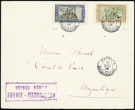 10.2.1926. Majunga - Mozambique par Bernard et Bougault, étape du vol retour avec cachet rect violet et arrivée Mozambique même jour. TB. Cote 600€