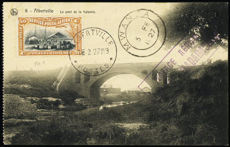 1.2.1927. Albertville - Mwanza, étape du vol retour par Guilbaud et Rapin avec cachet rect violet (Muller Congo belge n°14). RR et TB. Cote 600€
