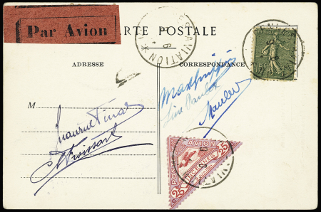 N°130 + vignette triangulaire OBL Vincennes Aviation (1924) (M 105) sur carte postale avec diverses signatures dont Maurice Finat et Max Knipping. RR et TB