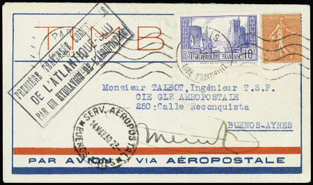 10/14.5.1930. Paris Buenos Aires (M260). Lettre avec cachet rect noir "Première traversée commerciale de l'Atlantique sud par un hydravion de l'aéropostale" avec signature de Mermoz. TB