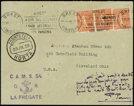 22/23.7.1928. Raid Brest - New York interrompu aux Acores par le lieutenant de vaisseau Paulin Paris avec CAD Horta, cachet de l'hydravion CAMS 54 La Frégate et mention manuscrite signée P.Paris, l'une des grandes rareté