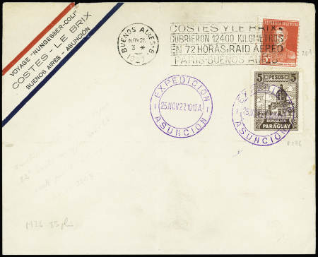 25.11.1927. Buenos Aires - Asuncion par Costes et Le Brix. Env. avec bandeau tricolore et AFF mixte Argentine n°281 + Pérou n°276 (Muller Argentine n°26 - 85 plis transportés). TB