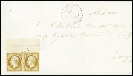 N°13 en paire, grand BDF avec filet d'encadrement OBL PC 3139 + T15 St Junien (1854) sur lettre. RR et TB