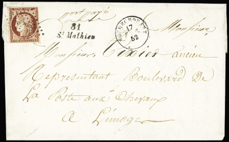 Saint Mathieu : n°6 OBL PC 3202 + cursive "81 St Mathieu" + T15 Rochechouart (1852) sur lettre du 3ème échelon de poids. timbre légèrement touché, B