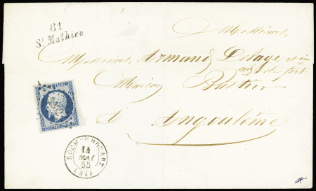 N°14 OBL PC 3202 + cursive "81 St Mathieu" + T15 "Rochechouart" (1855) sur lettre. TB