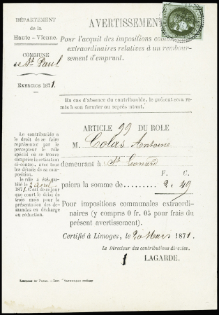 N°39, 1c Bordeaux OBL T24 de St Paul d'Eyjeaux (1871) sur avertissement des contributions. TB