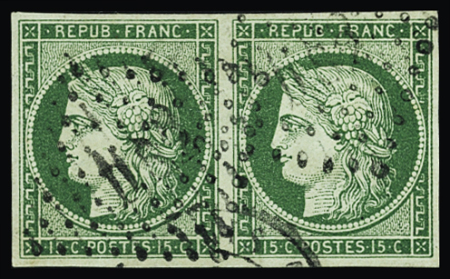 N°2 15c vert, en paire obl., TB, R. Signé A.Brun