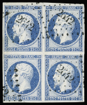 N°10 25c bleu, bloc de 4 avec variété point blanc devant