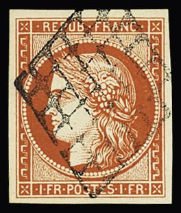 N°7 1 franc vermillon, FAUX, obl. grille propre, bien