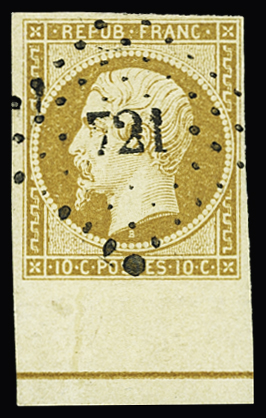 N°9b 10c bistre-jaune, bord de feuille avec filet d'encadrement,