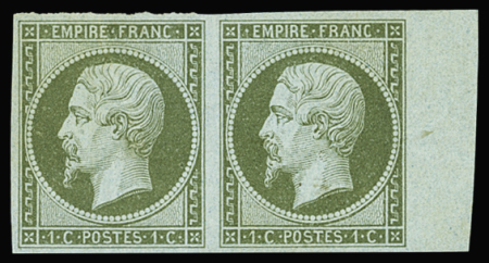 N°11 1c olive en paire bord de feuille, neuve *, très