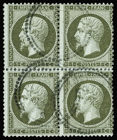 N°19 1c vert-olive, bloc de 4 obl. càd T22, début de