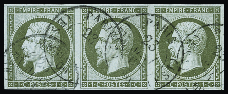 N°11 1c olive, bande de trois bien margée, obl. càd