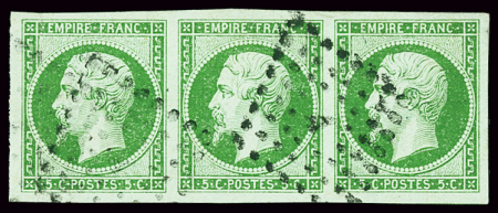 N°12 5c vert, bande de trois bien margée, obl. PC 4