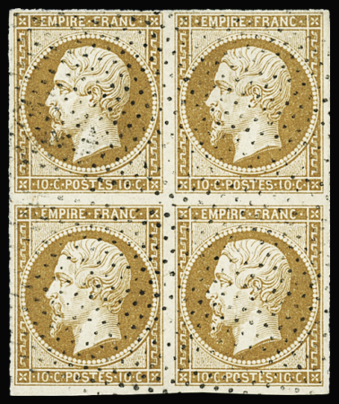N°13B 10c brun-clair Type II, bloc de 4 bien margé,