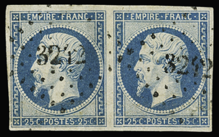 N°15 25c bleu, paire bien margée, obl. PC 3242 de Saint-Pierre-de-Plesguen