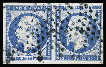 N°15 25c bleu, paire bien margée, obl. étoile, TB.