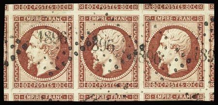 Exceptionnelle bande de trois du n°17A 80c carmin,