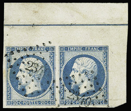 N°14Ai 20c bleu, en paire coin de feuille avec filet
