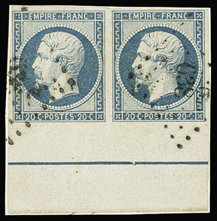 N°14Ai 20c bleu, en paire bord de feuille avec filet