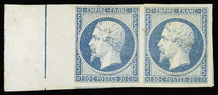 N°14Ai 20c bleu, en paire bord de feuille avec filet