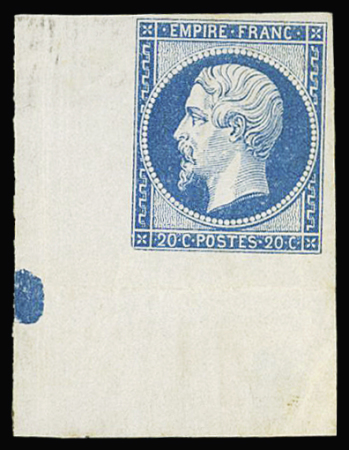 N°14Ai 20c bleu, point bleu de repère sur coin de feuille,