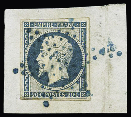 N°14A 20c bleu, obl. étoile bleue sur petit fragment,