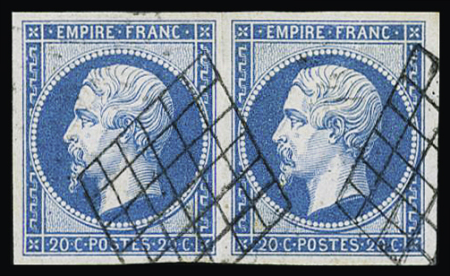N°14A 20c bleu, paire bien margée obl. grille, TTB
