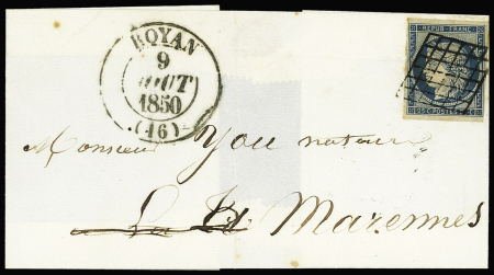 N°4 OBL grille + T13 Royan (1850) sur lettre, ind 17. TB