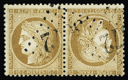 N°36b 10c bistre-jaune en paire TETE-BECHE, obl. GC,