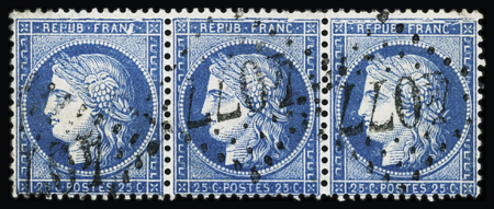 N°60A 25c bleu en bande de trois montrant la GRANDE