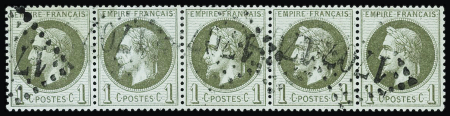 N°25 1c vert-bronze en bande de cinq obl. GC 1707 de