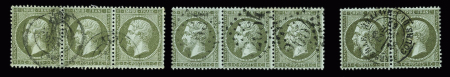 N°19 1c vert-olive, deux bandes de trois obl. GC 2654