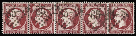N°24a 80c rose foncé, bande de cinq obl. GC 85 d'Amiens