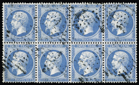 N°22 20c bleu, bloc de huit obl. étoile, TTB. Signé