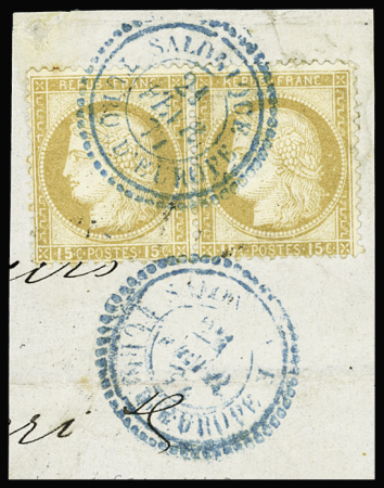 SALONIQUE càd en bleu sur paire de n°55 15c bistre