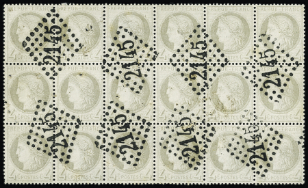 N°52 4c gris, exceptionnel bloc de 18 obl. GC 2145