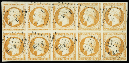 N°16 40c orange, exceptionnel bloc de dix oblitéré