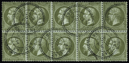 N°19 1c vert-olive, exceptionnel bloc de dix oblitéré