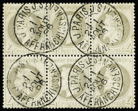 N°27A 4c gris, Type I, bloc de six obl. càd Paris affranchissements