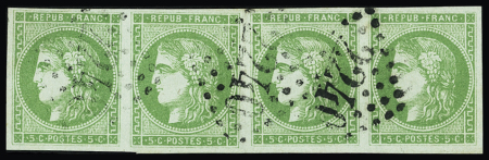 N°42B 5c vert-jaune, bande de 4 obl. GC 2240 de Marseille,